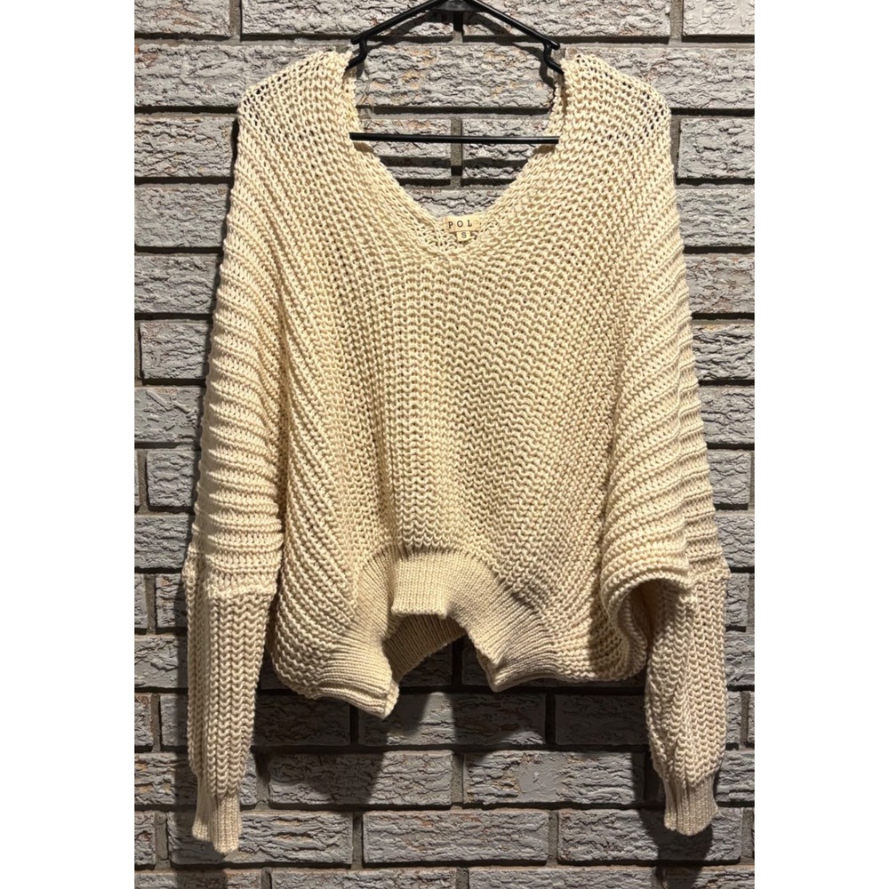 POL Cream Chunky Knit V-Neck Dolman Sleeve Cropped Sweater UD518 Small